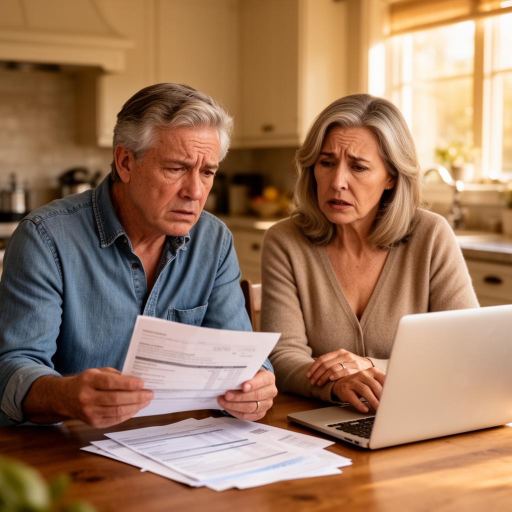 A middle-aged American couple reviewing retirement and finances at home